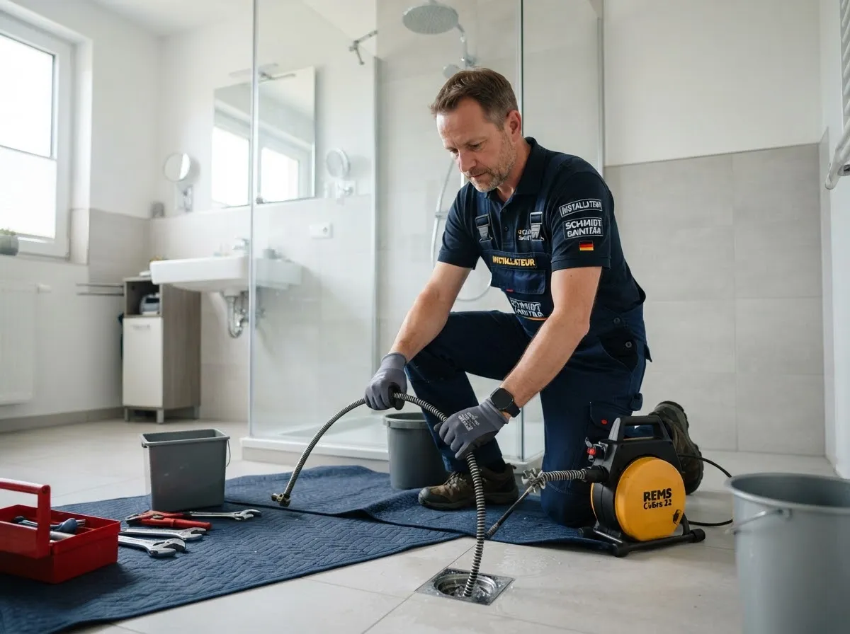 Techniker reinigt ein verstopftes Abflussrohr mit einer elektromechanischen Rohrreinigungsmaschine im Bad